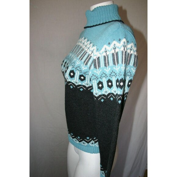 Its Our Time Womens Nordic Pattern Turtleneck Sweater Blue Black Knit Sz Medium - Picture 3 of 6